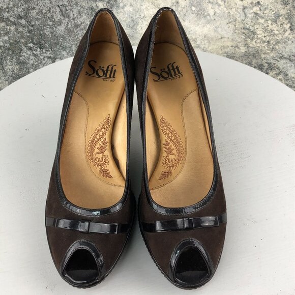 SOFFT Women's 7M Brown Suede Patent Leather Trim Peep Toe High Heel Pumps - Picture 7 of 13